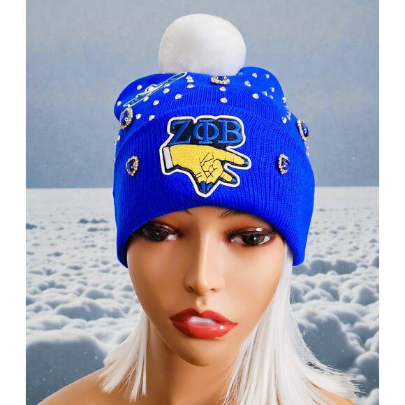 Zeta Phi Beta Blue Beanie design with logo & rhinestones and white pompom - Picture 1 of 5